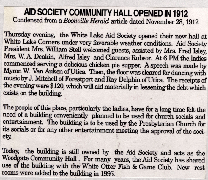 white lake aid society new hall boonville herald nov 28 1912