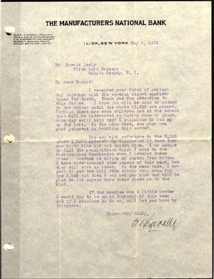 manufacturers national bank letter to isley harold may 4 1920