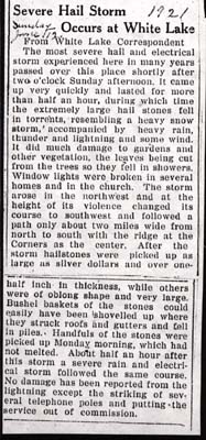 severe hail storm occurs at white lake june 12 1921
