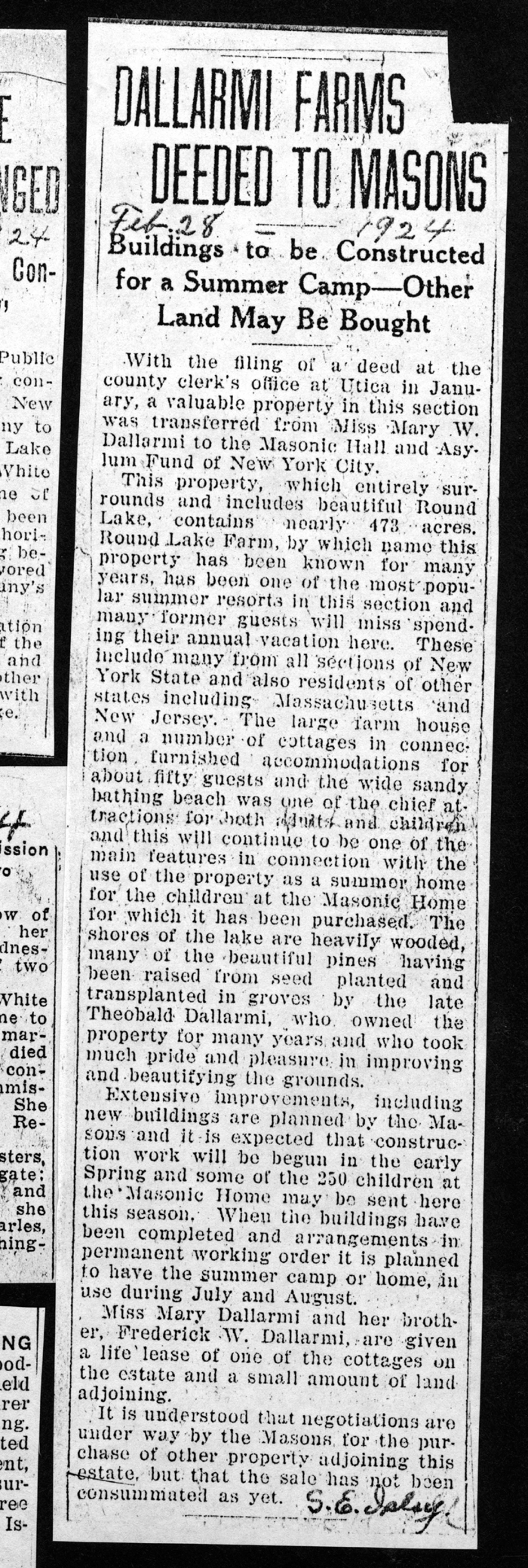 dallarmi farms deeded to masons feb 28 1924