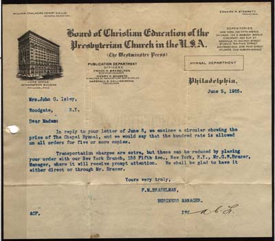 isley john g chapel hymnal order 1925
