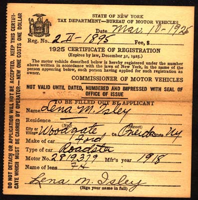 isley lena m new york state motor vehicle registration march 10 1925
