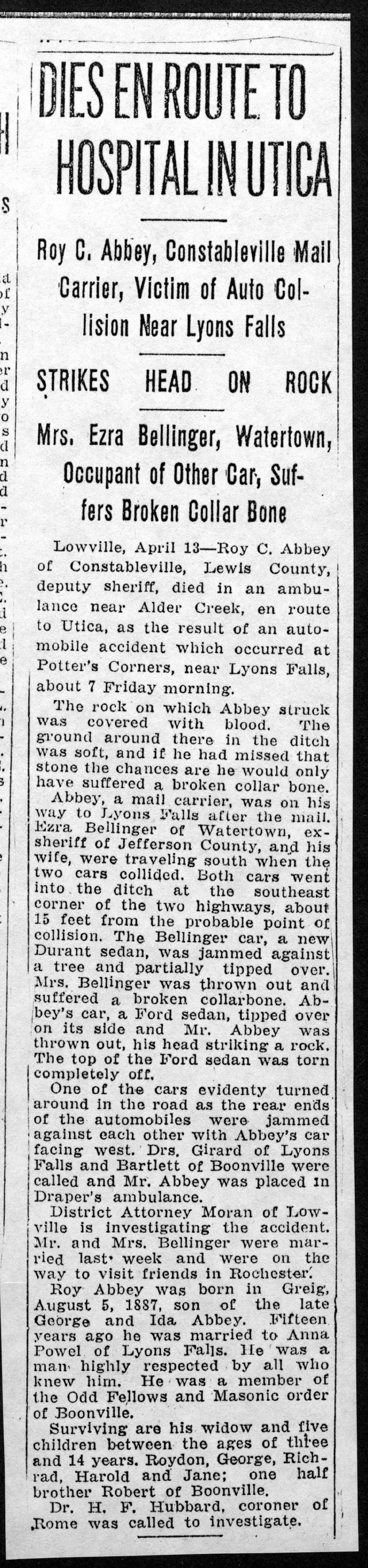 roy c abbey dies in car crash ezra bellinger injured april 1927