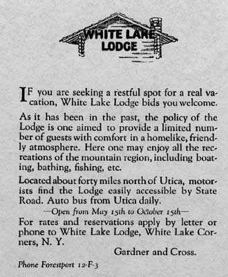 white lake lodge advertisement 1927