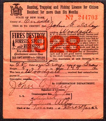 isley john g hunting trapping and fishing license issued april 5 1928