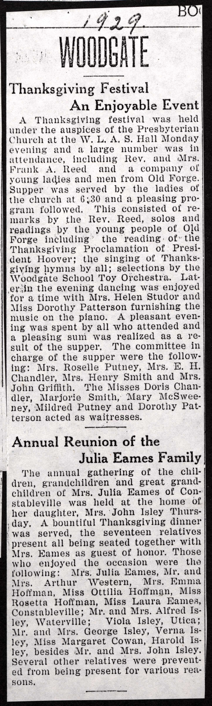 presbyterian church festival and eames family annual reunion thanksgiving day 1929