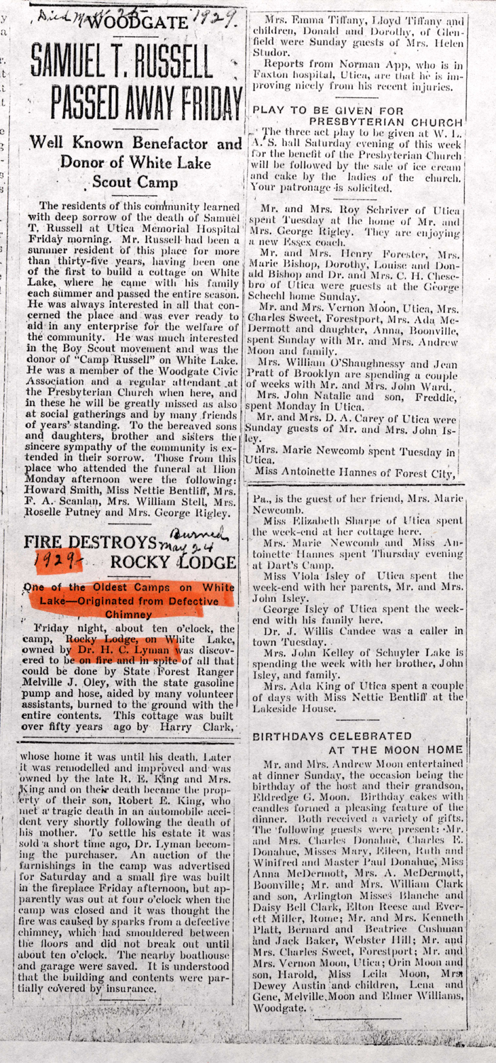 russell samuel t obit may 25 1929 004 and fire destroys rocky lodge may 24 1929