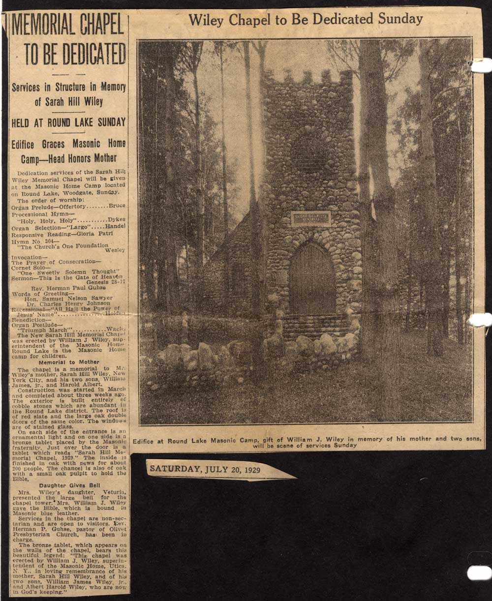 sarah hill wiley memorial chapel dedication july 20 1929