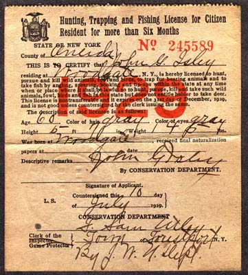 isley john g hunting trapping and fishing license issued july 10 1929