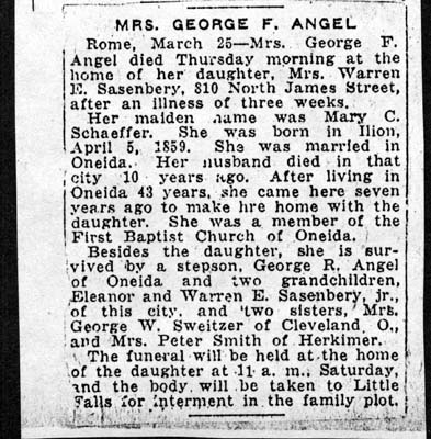 angel mary c schaeffer wife of george obit march 1930