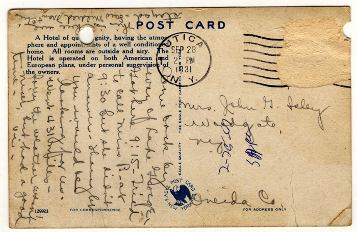 post card to mrs john g isley from vi september 28 1931 back