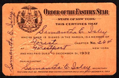 order of the eastern star forestport chapter card isley samantha e 1932
