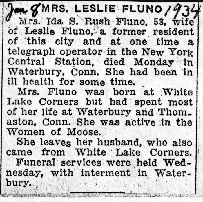fluno ida s rush wife of leslie obit january 8 1934