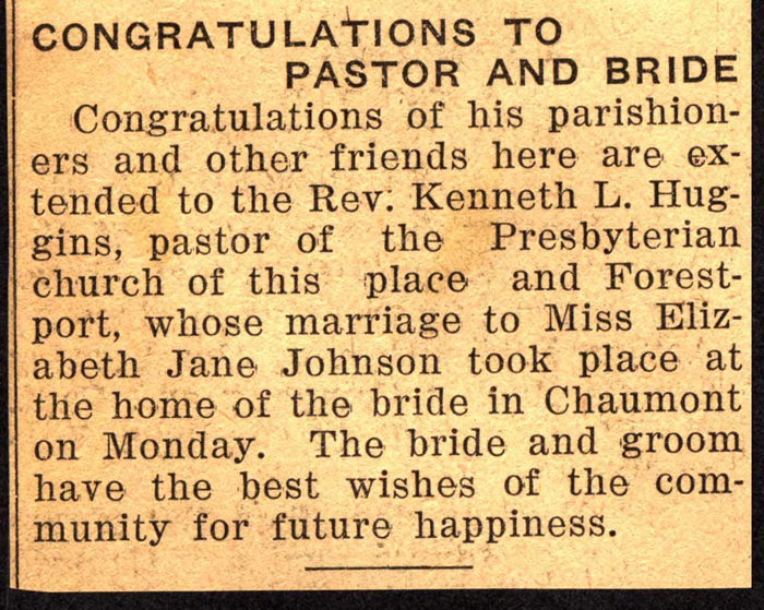 huggins reverend kenneth l and johnson elizabeth jane married october 1936