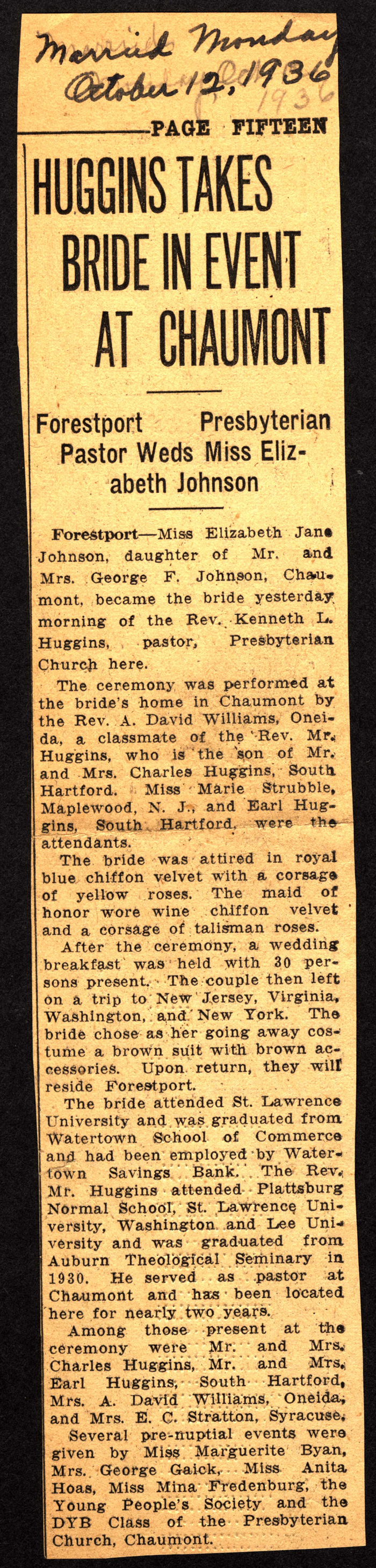 huggins reverend kenneth l marries johnson elizabeth jane october 12 1936