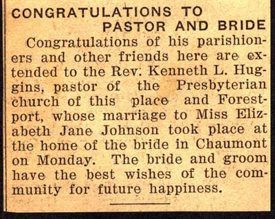 huggins reverend kenneth l and johnson elizabeth jane married october 1936