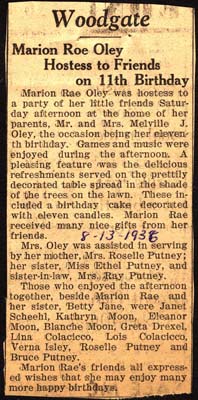 marion rae oley hostess to friends on 11th birthday august 1936