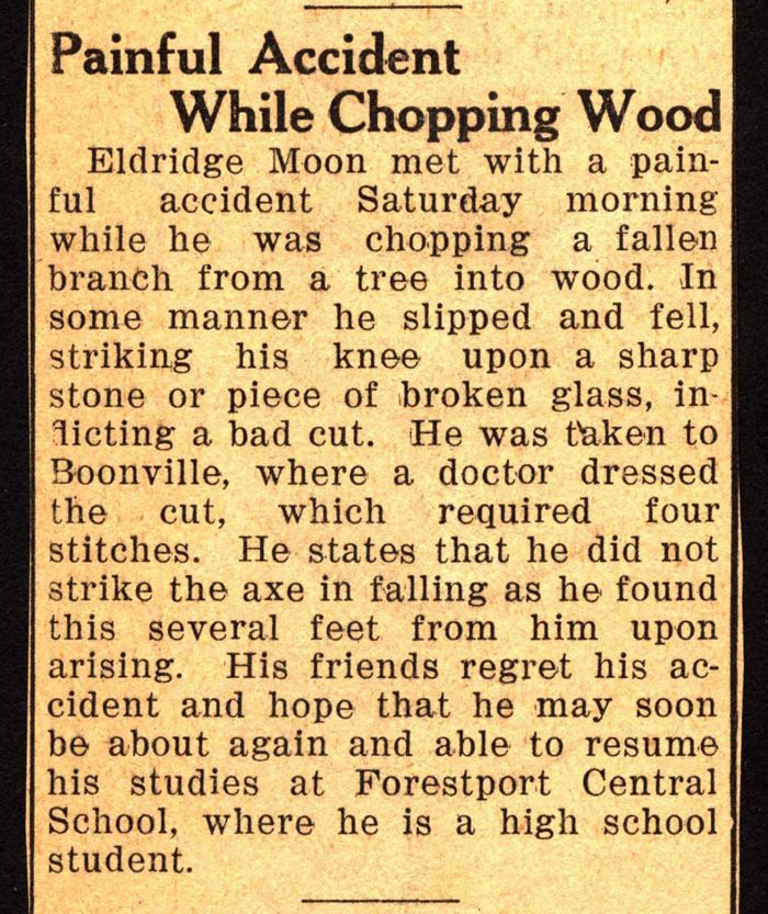 eldridge moon has painful accident while chopping wood march 1938