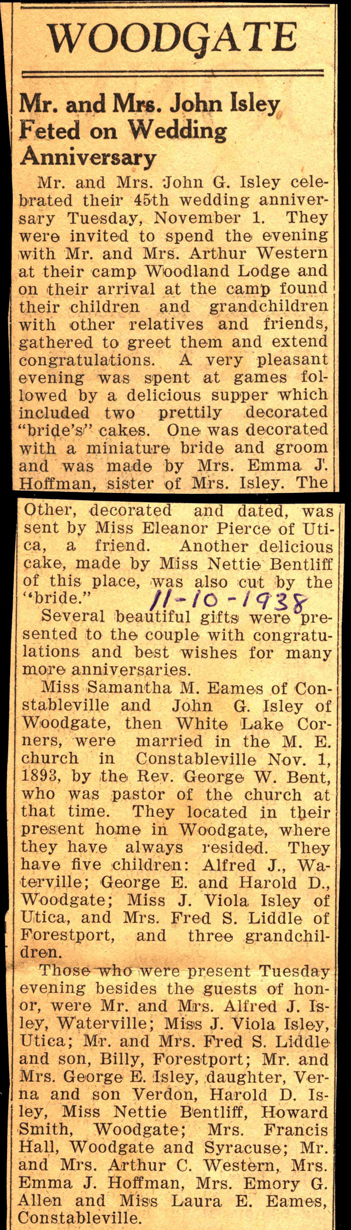 mr and mrs john g isley celebrate 45th wedding anniversary november 1 1938