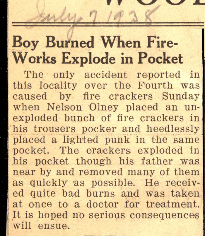 nelson olney burned when fireworks explode in pocket july 7 1938