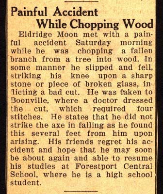 eldridge moon has painful accident while chopping wood march 1938