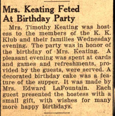 mrs timothy keating feted at birthday party october 1939