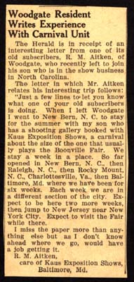 r m aitken writes experience with carnival unit 1939