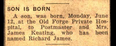 richard james born to postmaster james keating and wife june 1939