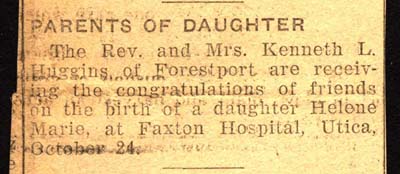 reverend kenneth l huggins and wife announce birth of daughter helene marie october 24 1940