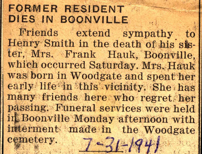 mrs frank hauk sister of henry smith dies july 1941