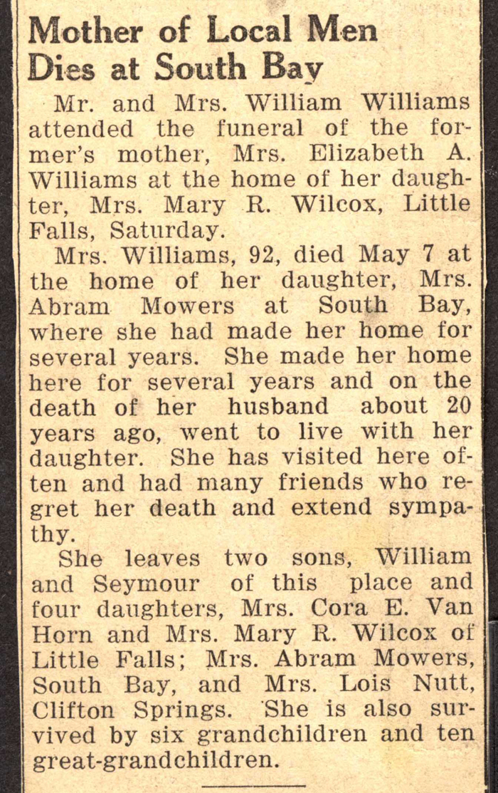 mrs elizabeth a williams mother of william williams obit may 7 1942