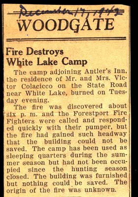 fire destroys colacicco camp at white lake december 1942