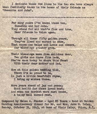 poem by helen studor for john and samantha isley to commemorate 50th anniversary november 1 1943