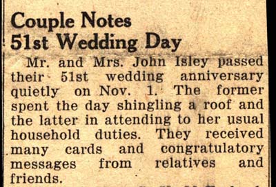 john g isley and samantha m eames isley note 51st anniversary november 1 1944