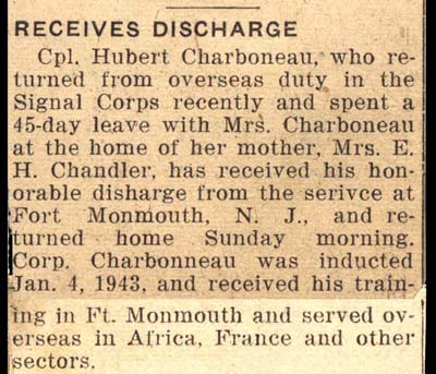 cpl hubert charbonneau receives honorable discharge october 1945