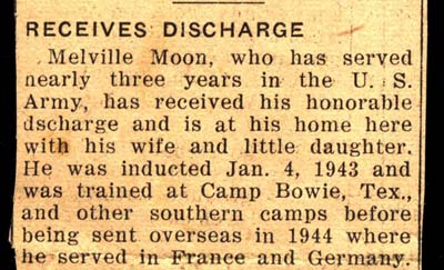 melville moon receives honorable discharge october 1945