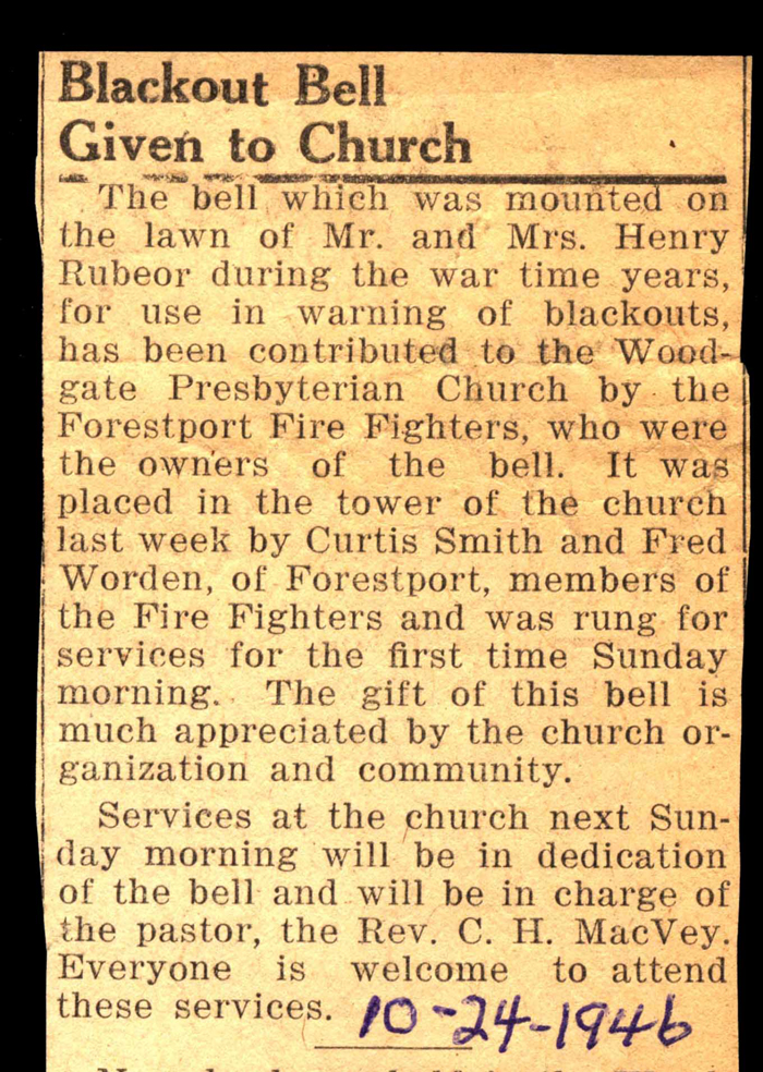 blackout bell given to church october 24 1946