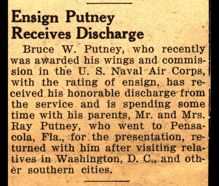 ensign bruce w putney son of mr and mrs ray putney receives honorable discharge november 1946
