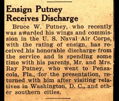 ensign bruce w putney son of mr and mrs ray putney receives honorable discharge november 1946