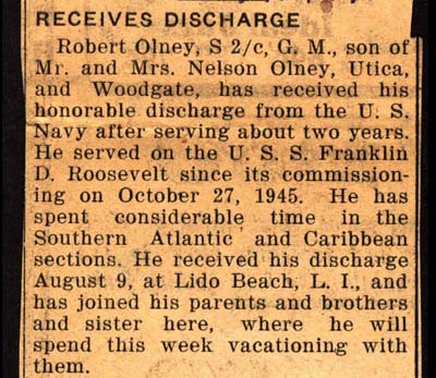 robert olney son of mr and mrs nelson olney receives honorable discharge from navy august 1946