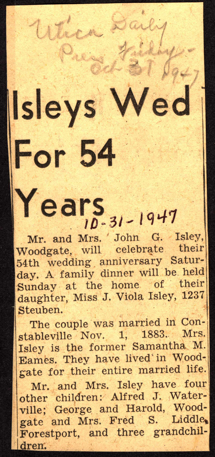 john g isley and samantha m eames isley celebrate 54th anniversary november 1 1947