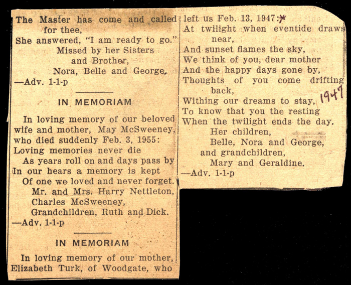 memoriam articles for may mcsweeney and elizabeth turk 1947