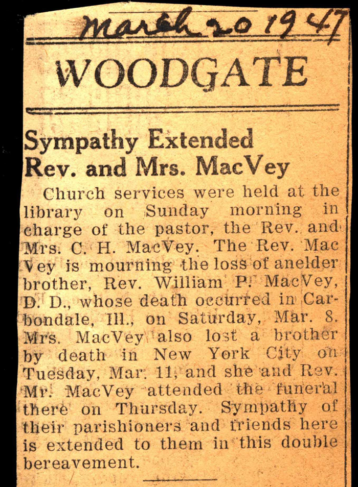 sympathy extended to reverend c h macvey and wife on deaths of brothers march 8 and 11 1947