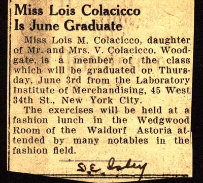 miss lois colacicco june graduate of laboratory institute of merchandising june 3 1948