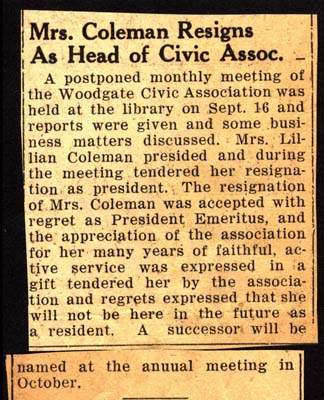 mrs lillian coleman resigns as head of civic association september 16 1948