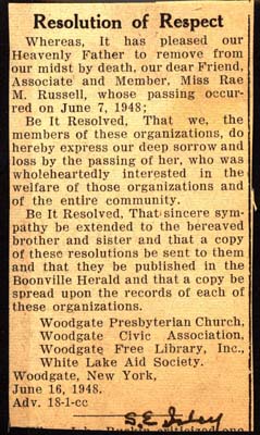 resolution of respect over death of rae m russell 1948