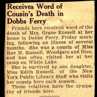 russell mrs grace cousin of miss rae m russell obit november 18 1948
