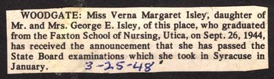 verna margaret isley passes state board exams for nursing march 25 1948