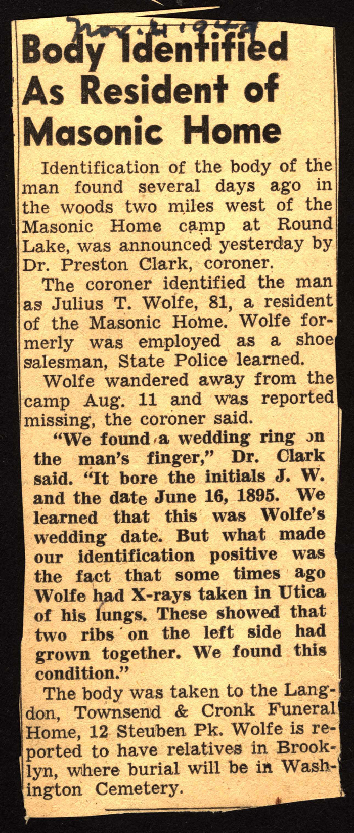 hunters body identified as julius t wolfe 1949