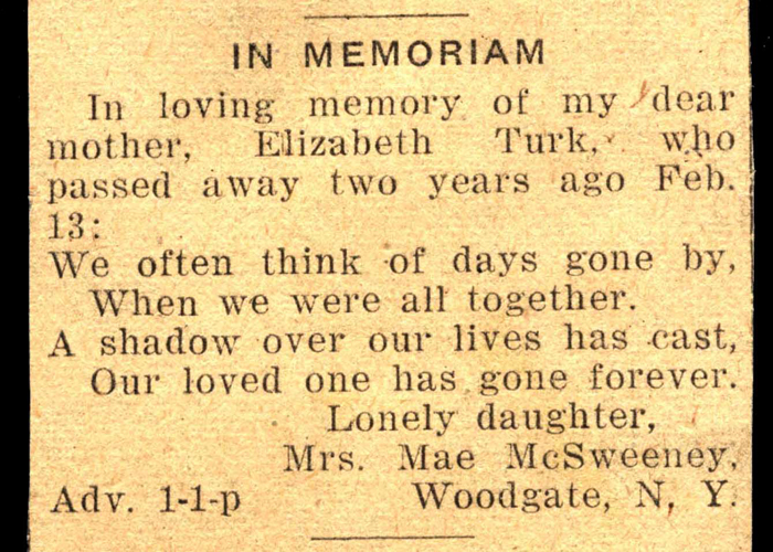 in memoriam elizabeth turk from daughter mae mcsweeney march 3 1949